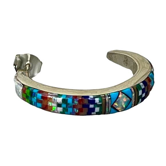 Native American ZUNI Sterling Silver Multi Gem Micro Inlay Hoop Earrings Signed - Picture 11 of 15